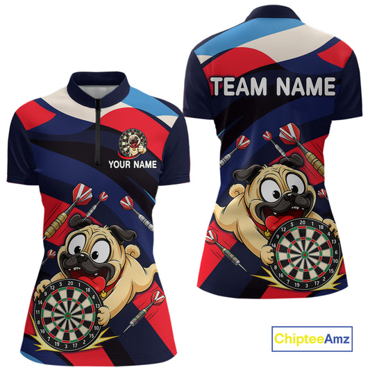 Front and back views of a navy, red, and white darts quarter zip featuring a cartoon pug holding a dartboard, flying darts, and custom team text.