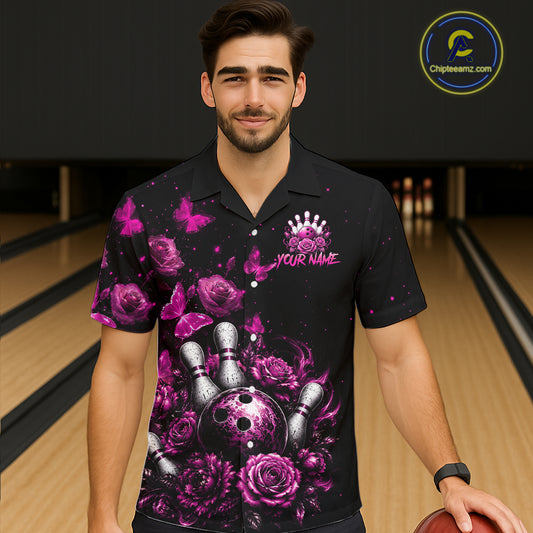 Custom Pink Rose and Butterfly Hawaiian Bowling Jersey Bowling Team Shirts Bowling Uniform HNT324