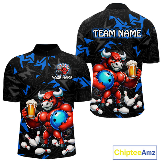 Custom blue beer bull bowling jersey for men, personalized team bowling quarter zip shirt front view and back view