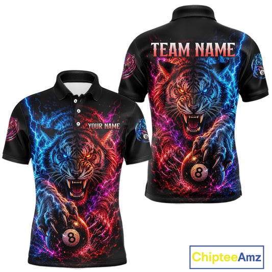 Polo shirt with tiger design and customizable text on a white background