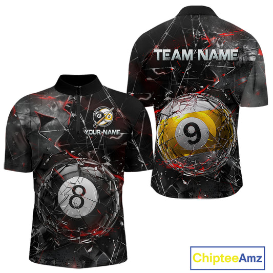 Men’s collared pool-themed quarter zip dress in black and gray tones with cracked glass artwork, custom “TEAM NAME” and “YOUR NAME” text areas, and dramatic 8-ball and 9-ball illustrations.
