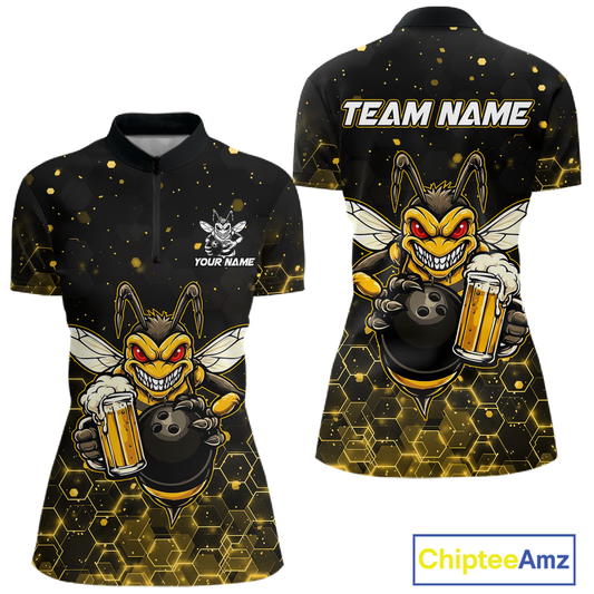Custom Funny Beer Bee Bowling Jersey for Women Bowling Team Shirts Polo & 1/4 Zip HNT191