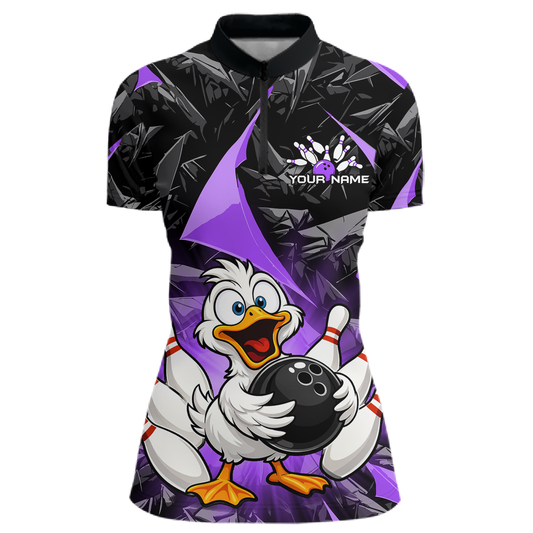 Custom Purple Funny Duck Bowling Jersey for Women Bowling League Bowling Team Shirts Polo & 1/4 Zip HN233