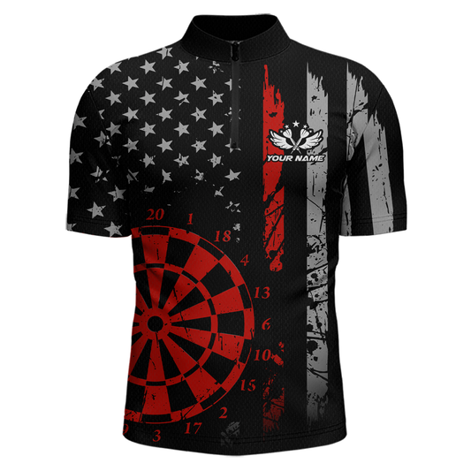 Custom Red US Flag Darts Shirt for Men Darts Team Jerseys Dart Tournament Polo & 1/4 Zip NNT116