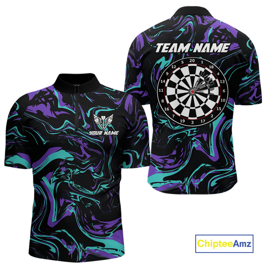 Purple-Turquoise Pattern Darts Team Jerseys Dart Shirts For Men Dart Tournament Polo & 1/4 Zip NNT119
