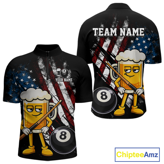 Custom Funny US Flag Beer 8 Ball Pool Men Billiard Polo & 1/4 Zip, Billiard Shirt, Billiard Team Jerseys NNT146