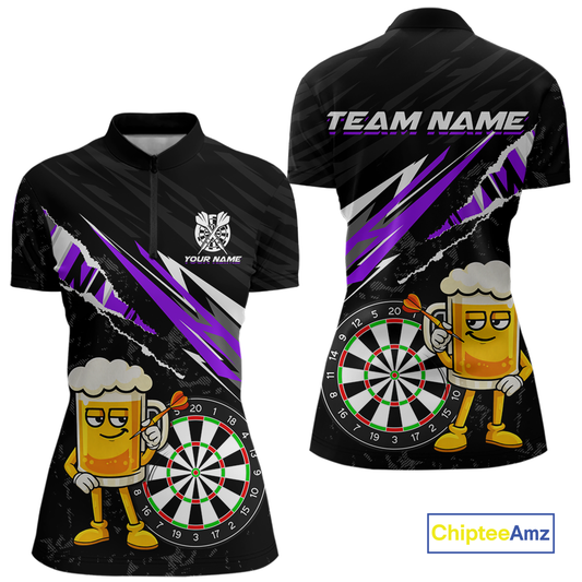 Custom Purple Funny Beer Dart Shirts for Women Darts Team Jerseys Dart Tournament Polo & 1/4 Zip NNT139
