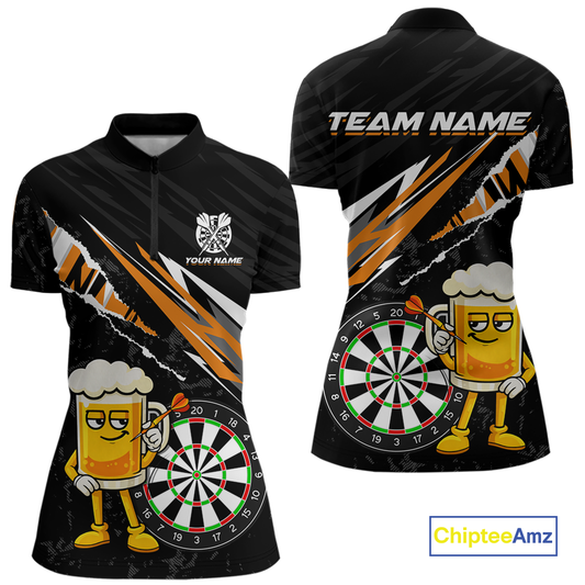 Custom Orange Funny Beer Dart Shirts for Women Darts Team Jerseys Dart Tournament Polo & 1/4 Zip NNT139