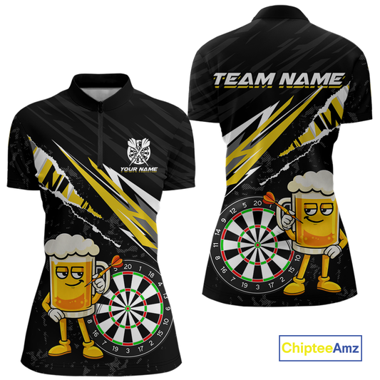 Custom Yellow Funny Beer Dart Shirts for Women Darts Team Jerseys Dart Tournament Polo & 1/4 Zip NNT139