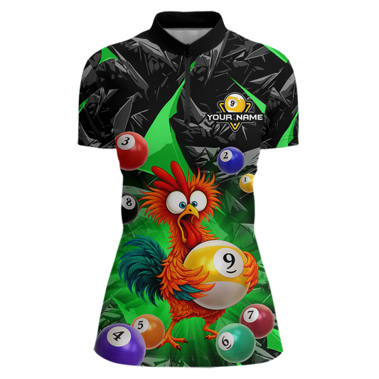 Custom Funny Green Chicken 9 Ball Pool Billiard Shirt for Women Polo & 1/4 Zip, Billiard Team Jerseys NNT157