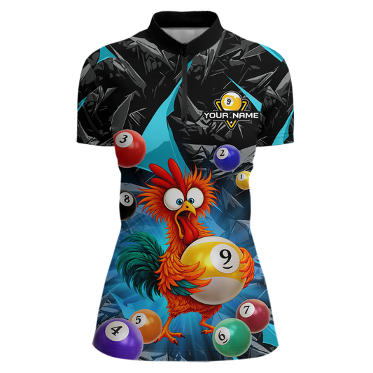 Custom Funny Turquoise Chicken 9 Ball Pool Billiard Shirt for Women Polo & 1/4 Zip, Billiard Team Jerseys NNT157