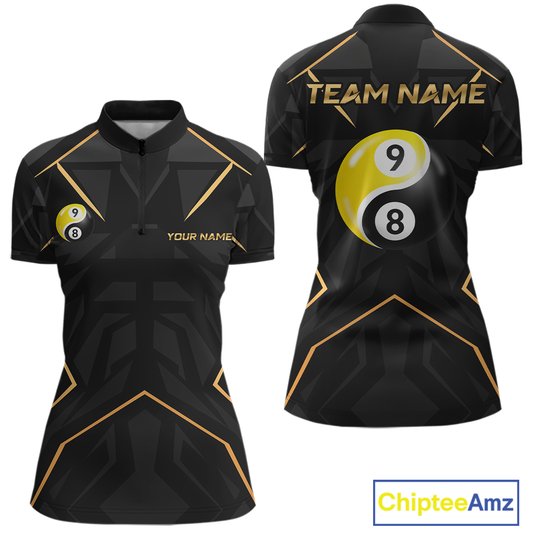 Custom Black Gold 8 Ball 9 Ball Yin Yang Pool Shirts Billiard Shirt for Women Billiard Team Jersey NNT179