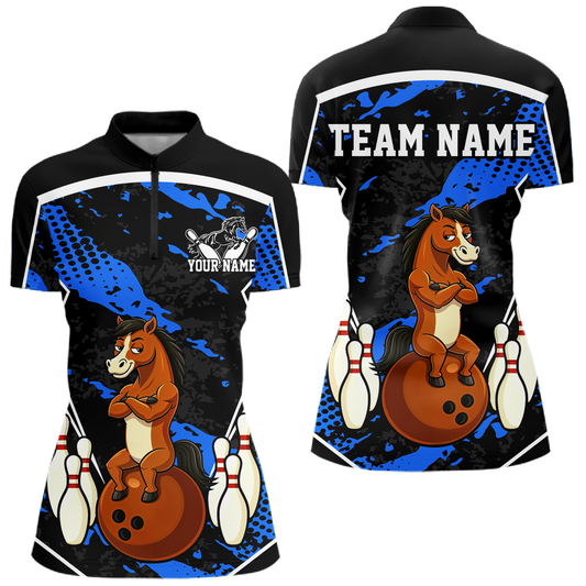 Custom Blue Funny Horse Bowling Tournament Jersey for Women Bowling Team Shirts Polo & 1/4 Zip HNT180