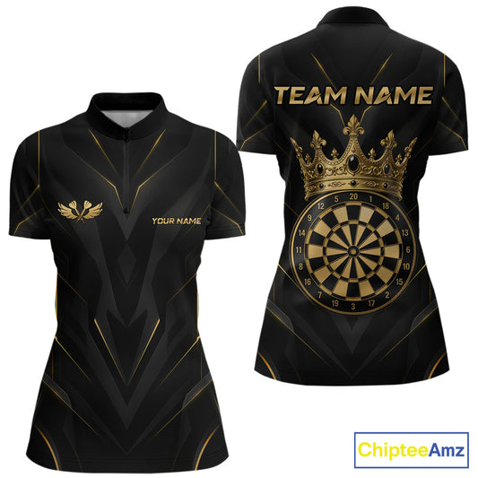Black short-sleeve athletic polo shirt shown from the front and back, featuring gold geometric line details, a gold crown with a dartboard graphic on the back, and customizable text placeholders on the chest.