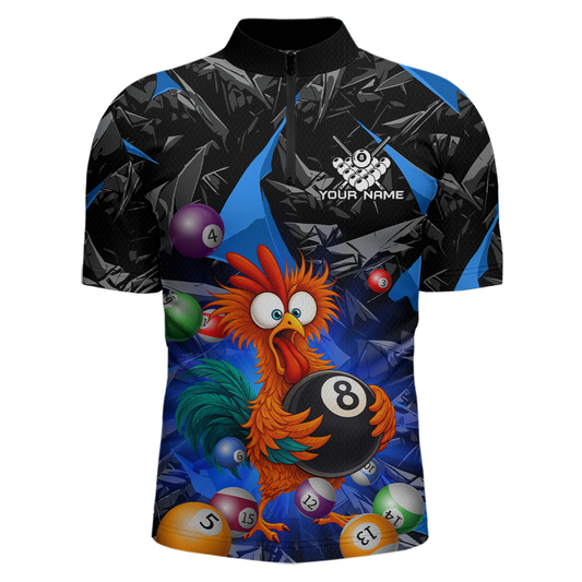 Custom Funny Blue Chicken 8 Ball Pool Billiard Shirt for Men Polo & 1/4 Zip, Billiard Team Jerseys NNT148
