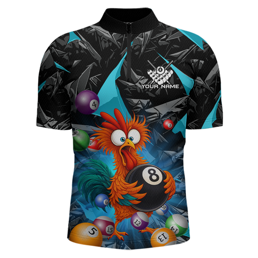 Custom Funny Turquoise Chicken 8 Ball Pool Billiard Shirt for Men Polo & 1/4 Zip, Billiard Team Jerseys NNT148