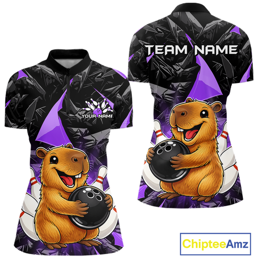 Custom Purple Capybara Bowling Jersey for Women Bowling Team Shirts Bowling Polo & 1/4 Zip HNT255