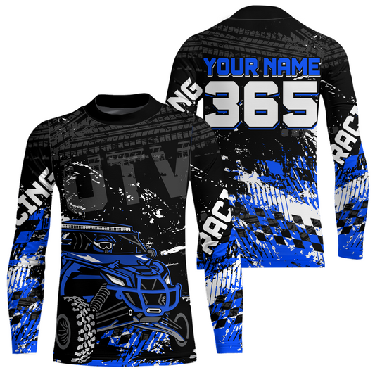 Front and back view personalized racing shirt with an off-road vehicle integrated into tire track patterns, racing graphics, and custom name details.