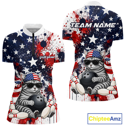 Front and back views of a patriotic bowling quarter zip featuring a sunglasses-wearing orange tabby cat with an American flag bandana, bowling ball and pins, plus personalized name and team name text.