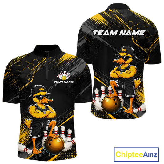 Bowling jersey with duck design and customizable text on a white background
