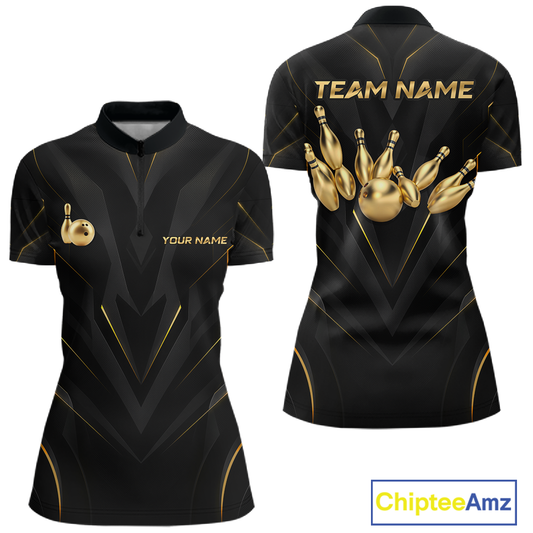 Front and back views of a sleek black bowling quarter zip shirt with gold geometric accents, featuring custom “TEAM NAME” and “YOUR NAME” text alongside metallic gold bowling pin graphics.