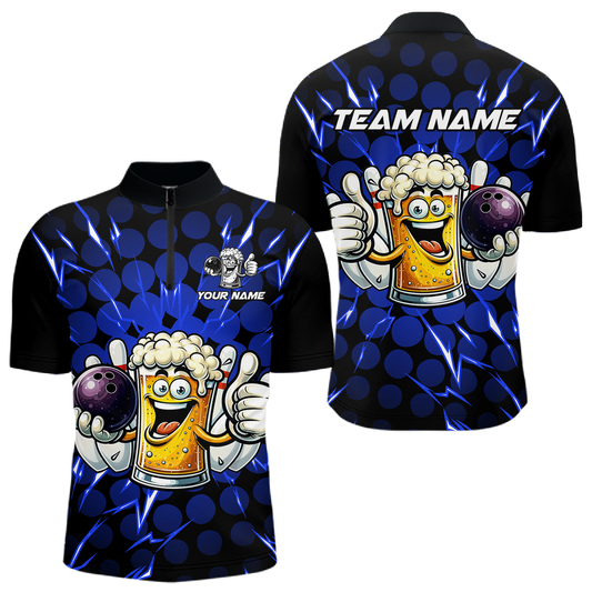 Custom Blue Funny Beer Bowling Jersey for Men Bowling Team Shirts Polo & 1/4 Zip HNT187
