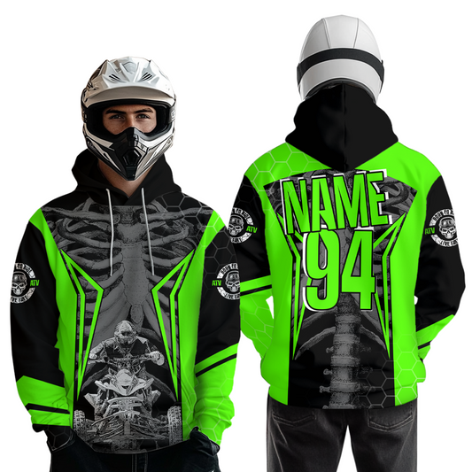 Personalized Green Atv Racing Hoodie Custom Name & Number Quad Bike Rider Motocross Shirt For Men Women NHN002