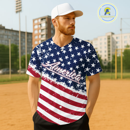 Red And Blue American Flag Baseball Jersey For Men Custom Patriotic Youth Baseball Shirt NYN0859
