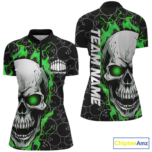 Personalized Skull Bowling Shirt For Women Custom Team'S Name Flame Bowler Jerseys | Green IPHW5008