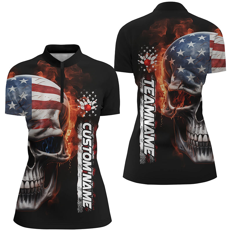 Flame Skull American Flag Custom Women's Team Bowling Shirts, Patriotic Bowling Shirt IPHW5179