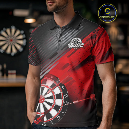 Custom Grunge Red Dartboard Dart Team Polo Shirts For Men, Dart Players Jerseys IPHW9974