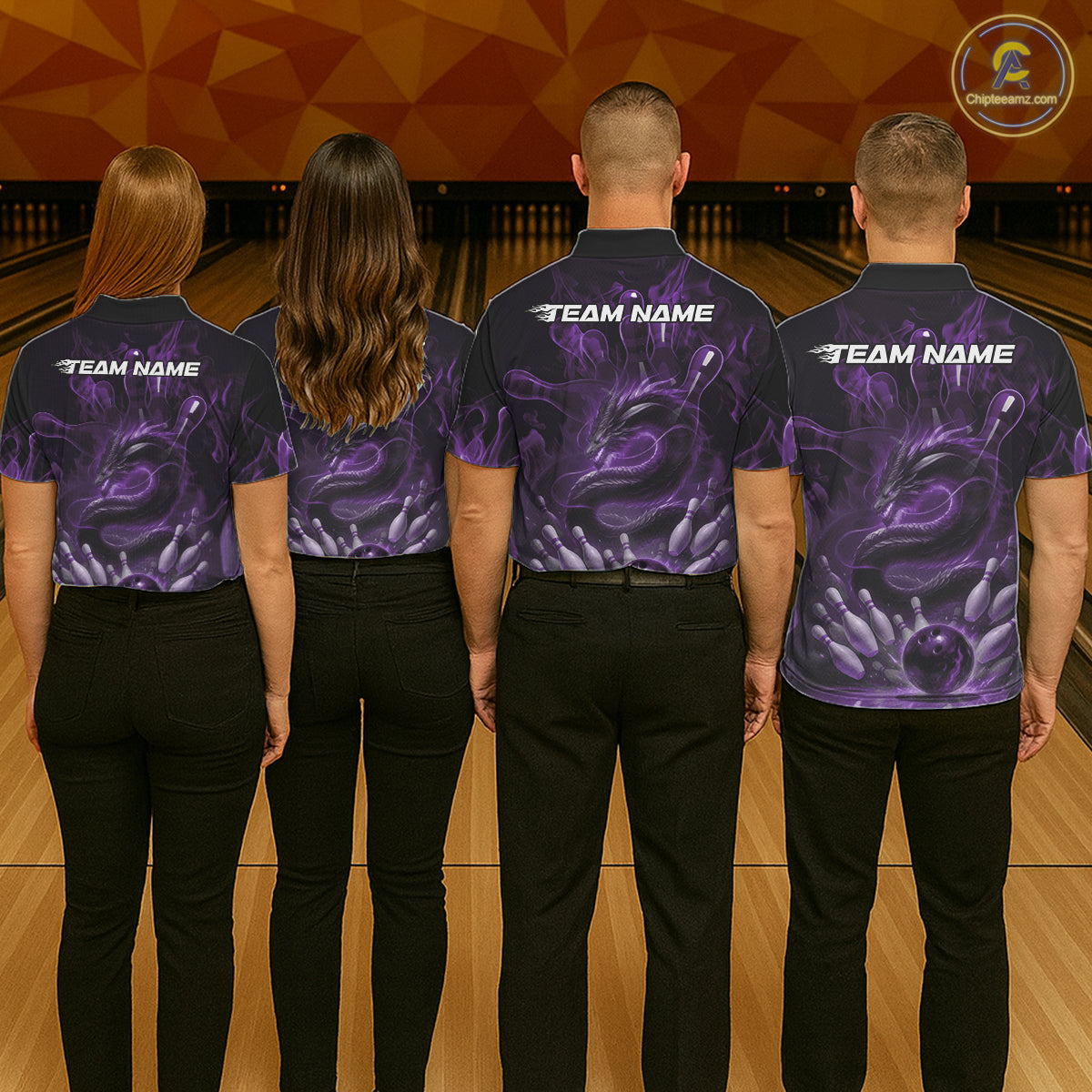 Custom Purple Flame Dragon Bowling Men Polo Shirts, Dragon Bowling League Shirt IPHW10227