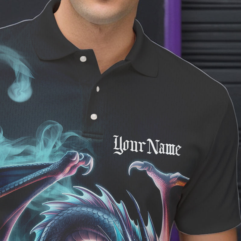 Blue Smoke Custom Dragon Bowling Team Polo Shirts For Men, Dragon Bowling Tournament Shirt IPHW8322