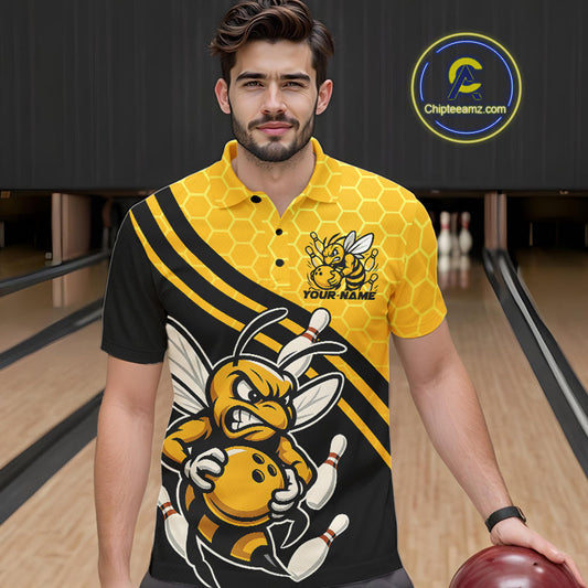 Custom Black And Yellow Bee Bowling Men Polo Shirts, Honeycomb Bowling Team Shirt IPHW9044