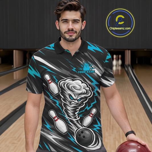 Custom Turquoise Blue Storm Thunnder Lightning Bolts Bowling Team Men Polo Shirt IPHW11806