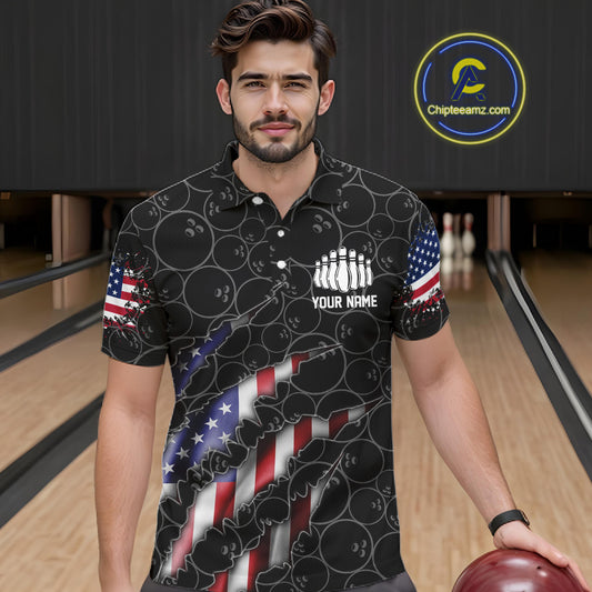 Custom Patriotic Bowling Shirts For Men, American Flag Bowling Uniform Bowlers Outfit | Black IPHW6778