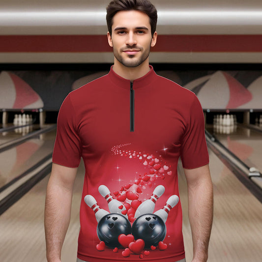 Custom Red Valentine Bowling Quarter-Zip Shirts For Men, Valentines Day Couple Bowling Outfits IPHW8348