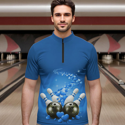 Custom Blue Valentine Bowling Quarter-Zip Shirts For Men, Valentines Day Couple Bowling Outfits IPHW8349