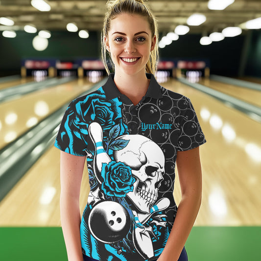 Custom Blue Roses And Skull Bowling Polo Shirts For Women, Team Bowling League Shirt IPHW8844