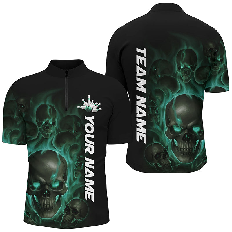 Green Smoke Flame Custom Skull Bowling Shirts For Men, Bowling Team Uniform Halloween Outfit IPHW7393