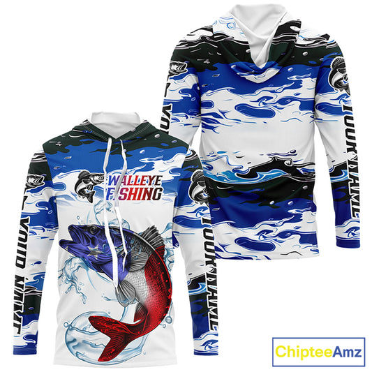 Custom Patriotic Walleye Fishing Camo Jerseys, American Flag Walleye Long Sleeve Fishing Shirts IPHW6050