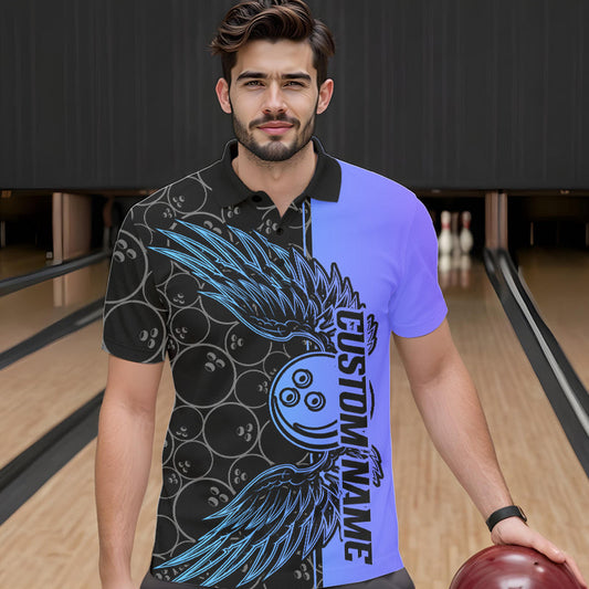 Blue And Purple Custom Bowling Tournament Men Polo Shirts, Bowling Ball And Wings Jerseys IPHW8845