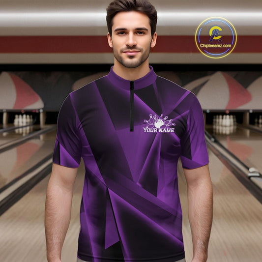 Man wearing a purple and black bowling shirt with a personalized name on a bowling alley background