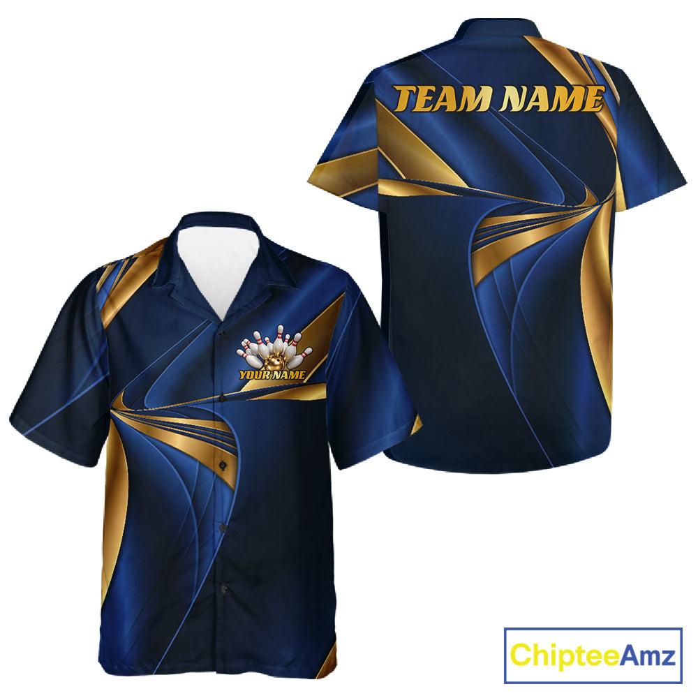 Custom Blue And Gold Men And Women Hawaiian Bowling Team Shirt, Bowling League Shirt IPHW11612