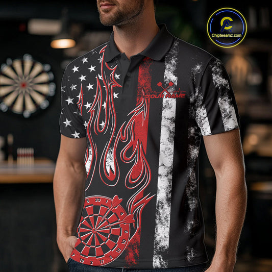Custom Red Thin Line US Flag Patriotic Flame Dartboard Dart Men Polo Shirts, Dart Jerseys IPHW9639