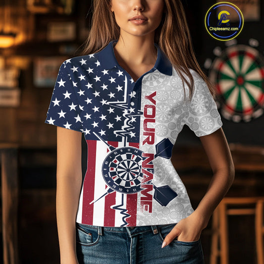 Custom US Flag Patriotic Dart Pulse Line Polo Shirts For Women, Dart Team Shirt IPHW9650