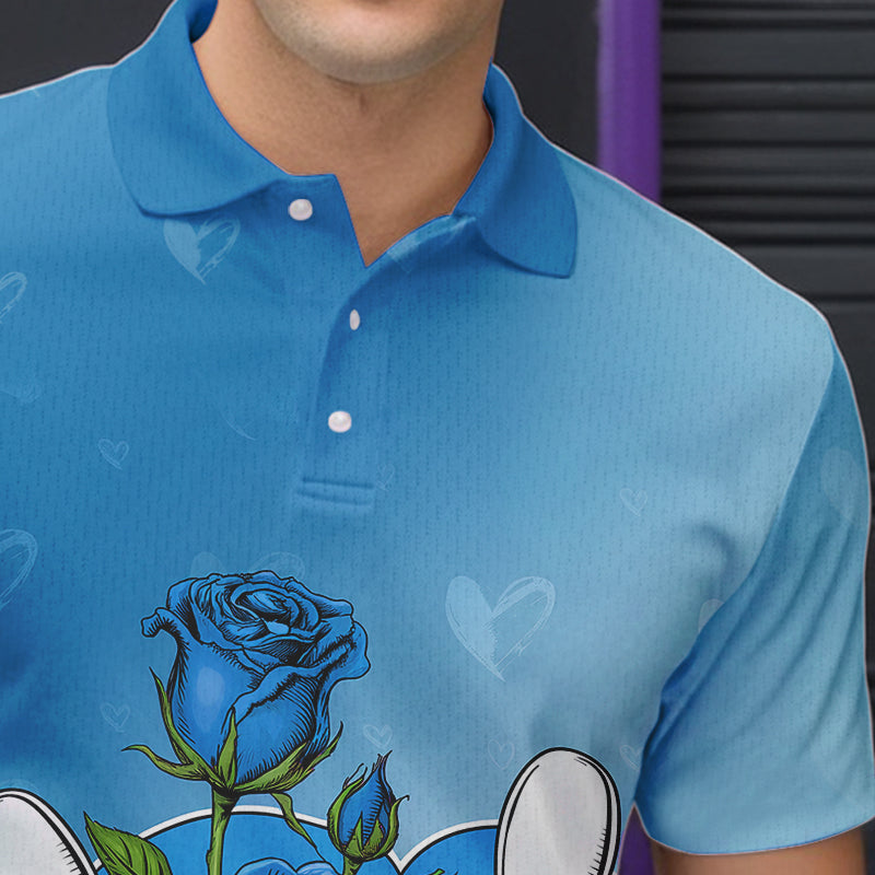 Custom Blue Valentine Bowling Polo Shirts For Men, Bowling And Roses Couple Bowling Outfits IPHW8351