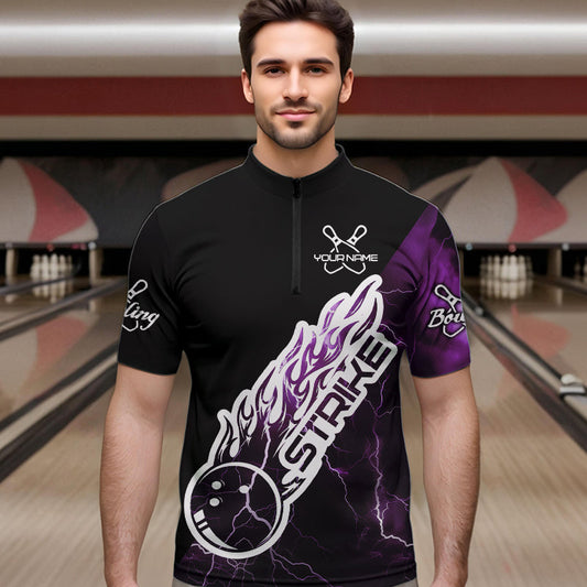 Custom Black And Purple Thunder Lightning Strike Bowling Quarter-Zip Shirts For Men Team Shirt IPHW8535