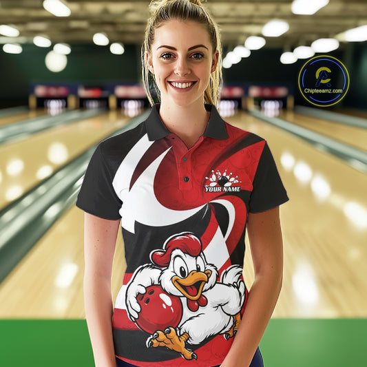 Custom Black And Red Cute Funny Chicken Bowling Jerseys Bowling Team Shirt For Women IPHW11626