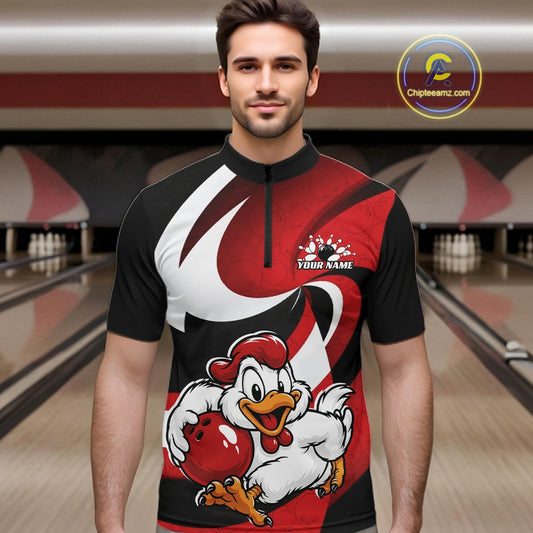 A man wearing a custom bowling jersey with a red, black, and white design featuring a cartoon chicken holding a bowling ball. The jersey has a black collar and a short front zipper.